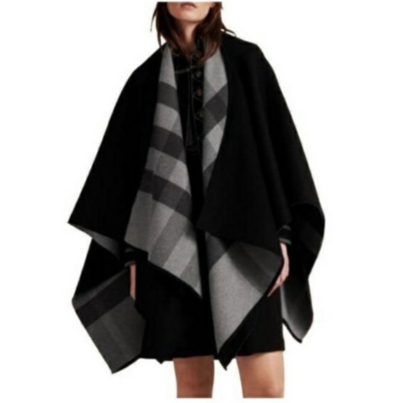 Burberry Jackets & Blazers - BURBERRY CHARLOTTE BLACK GRAY CHECK REVERSIBLE WOOL CAPE PONCHO SHAWL